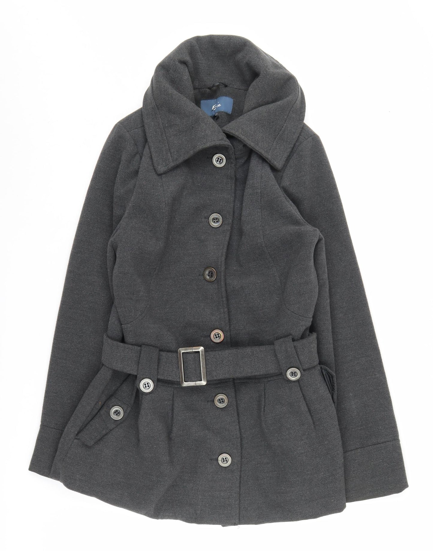 Evie Women's Grey Pea Coat - Size 10, Belted, Buttoned