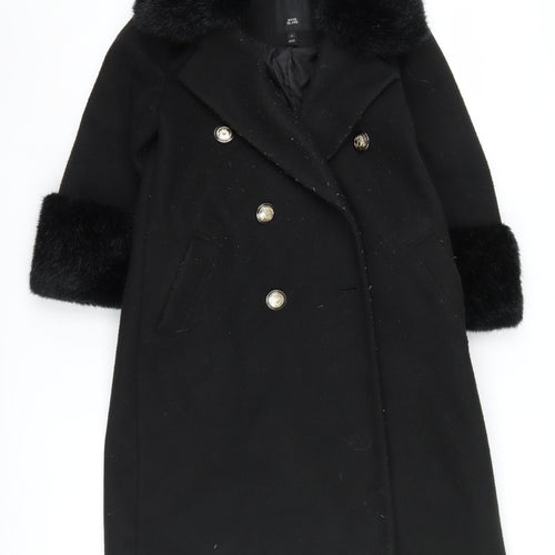 River Island Women's Black Pea Coat Size 8 Fur Trim