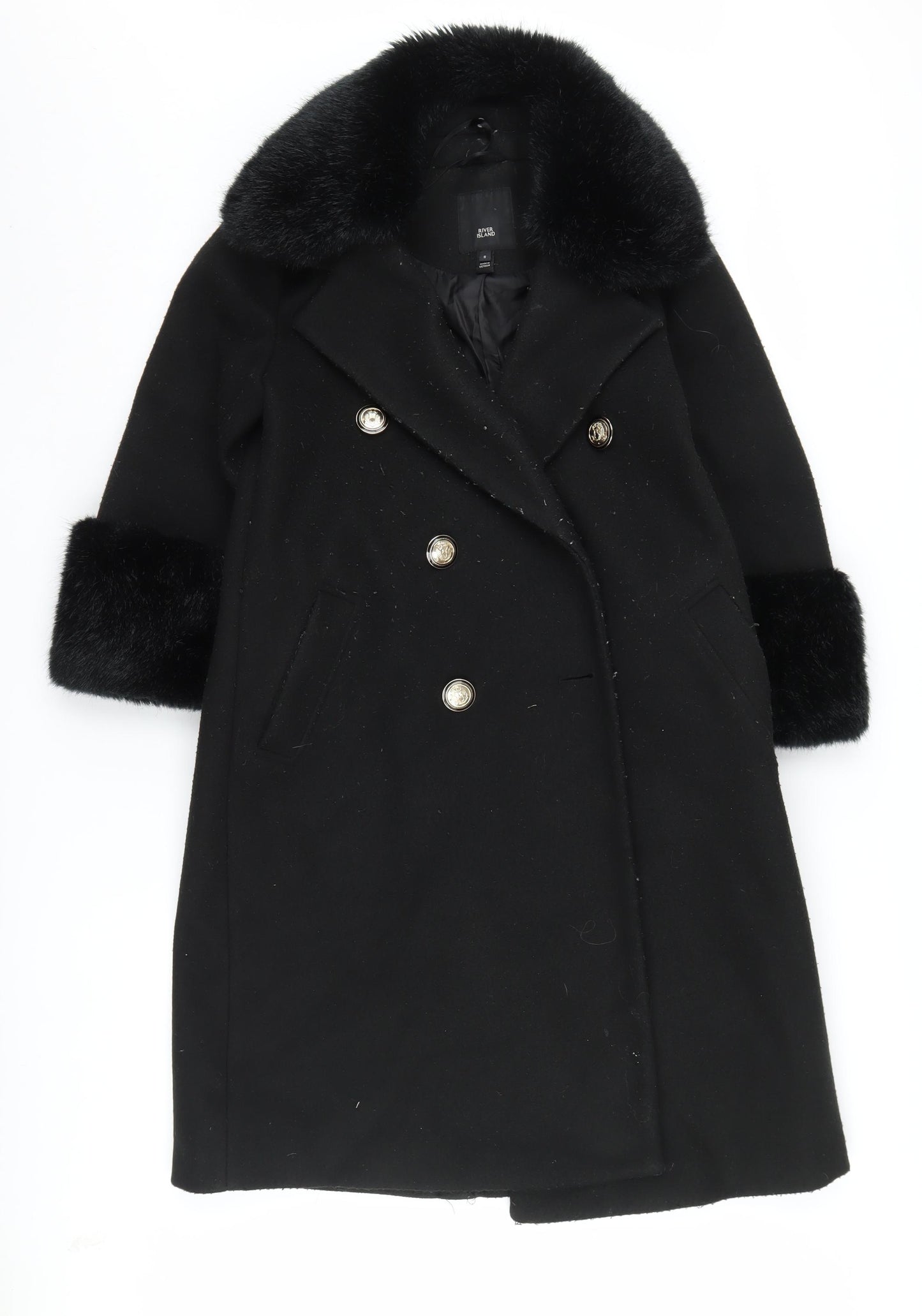 River Island Women's Black Pea Coat Size 8 Fur Trim