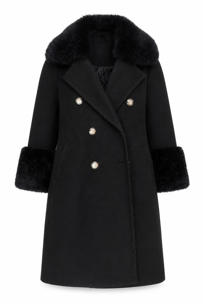 Front view of River Island Women's Black Pea Coat, size 8, Fur Trim