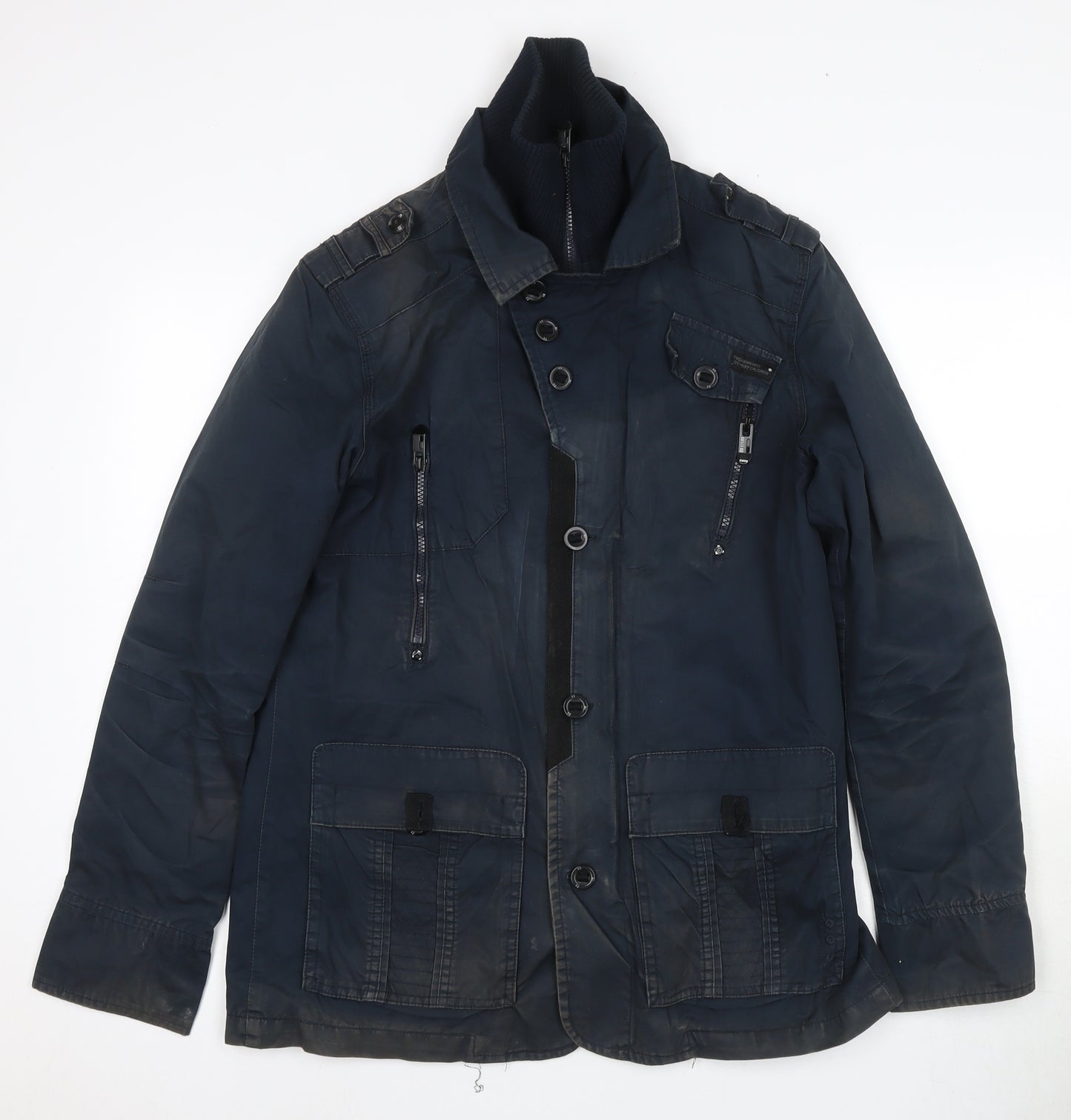 Vintage Men's Blue Military Jacket - M - Zip & Button