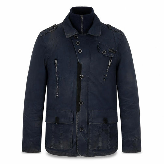 Front view of Vintage Men's Blue Military Jacket - M - Zip & Button