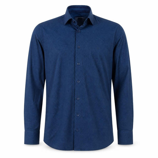 Front view of Lakiste Men's Blue Geometric Long Sleeve Dress Shirt