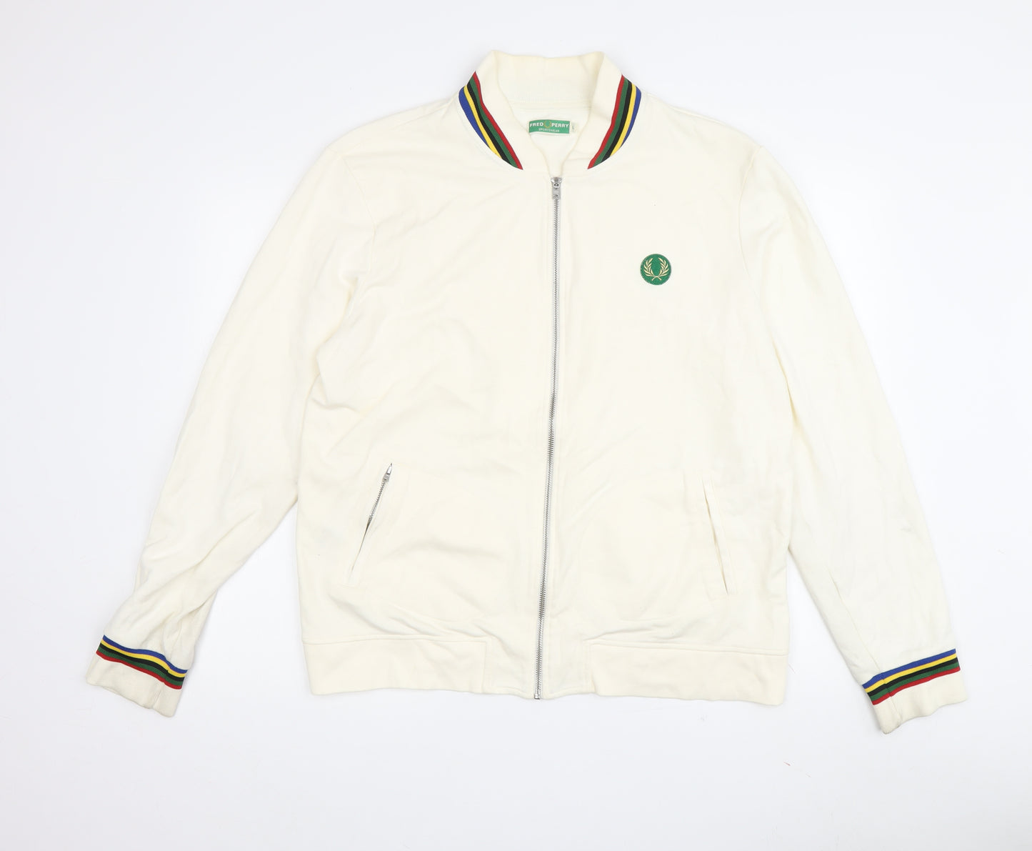 Fred Perry Men's Ivory Varsity Jacket, Size L Regular, Cotton