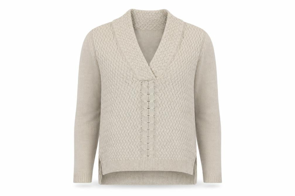 Front view of Adrienne Vittadini Beige V-Neck Cable Knit Pullover, size 2