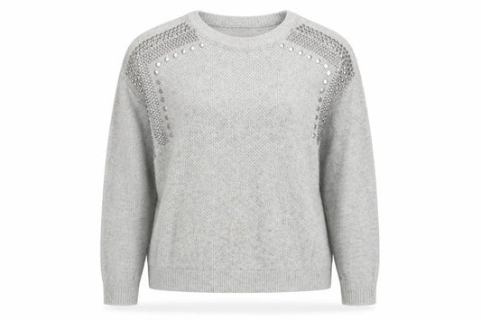 Front view of Warehouse Women's Grey Studded jumper, size 12