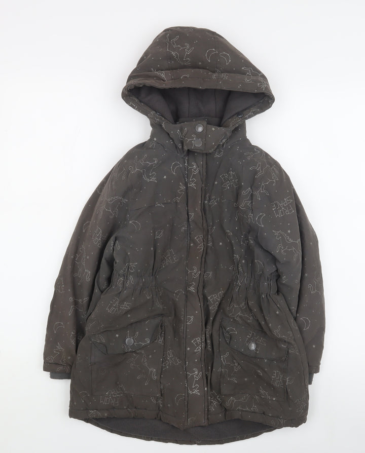 Vertbaudet Girls Grey Space Print Hooded Parka Coat 8 Years