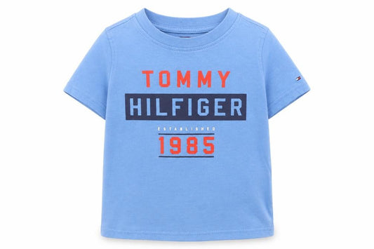 Front view of Tommy Hilfiger Blue unisex toddler t-shirt 36m pullover