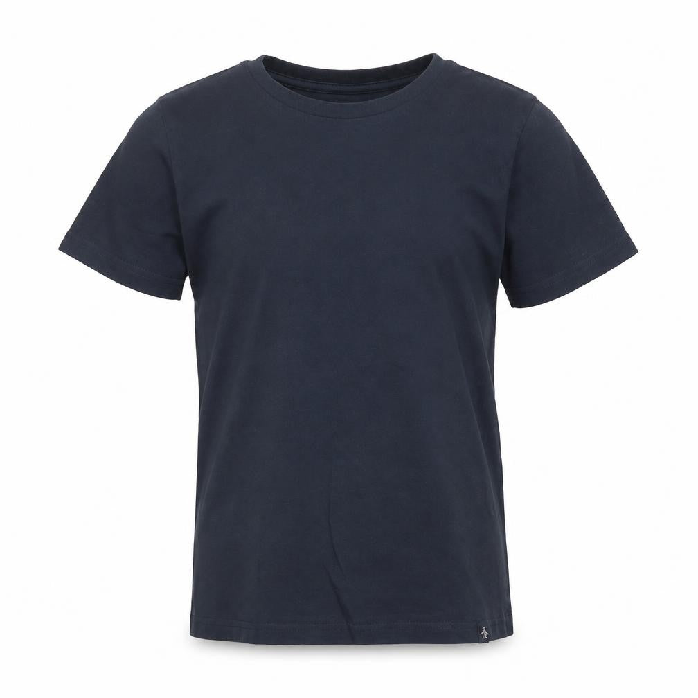 Front view of Original Penguin boys’ blue t-shirt, age 7-8, classic navy style