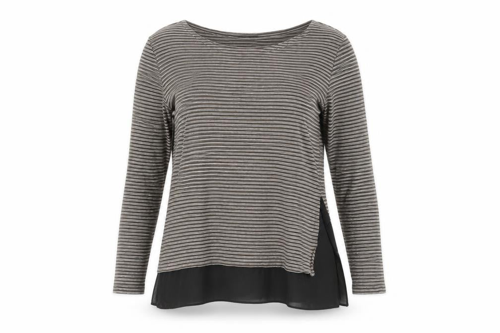 Front view of AllSaints Women's Black Tunic, size 4, Striped Long Sleeve