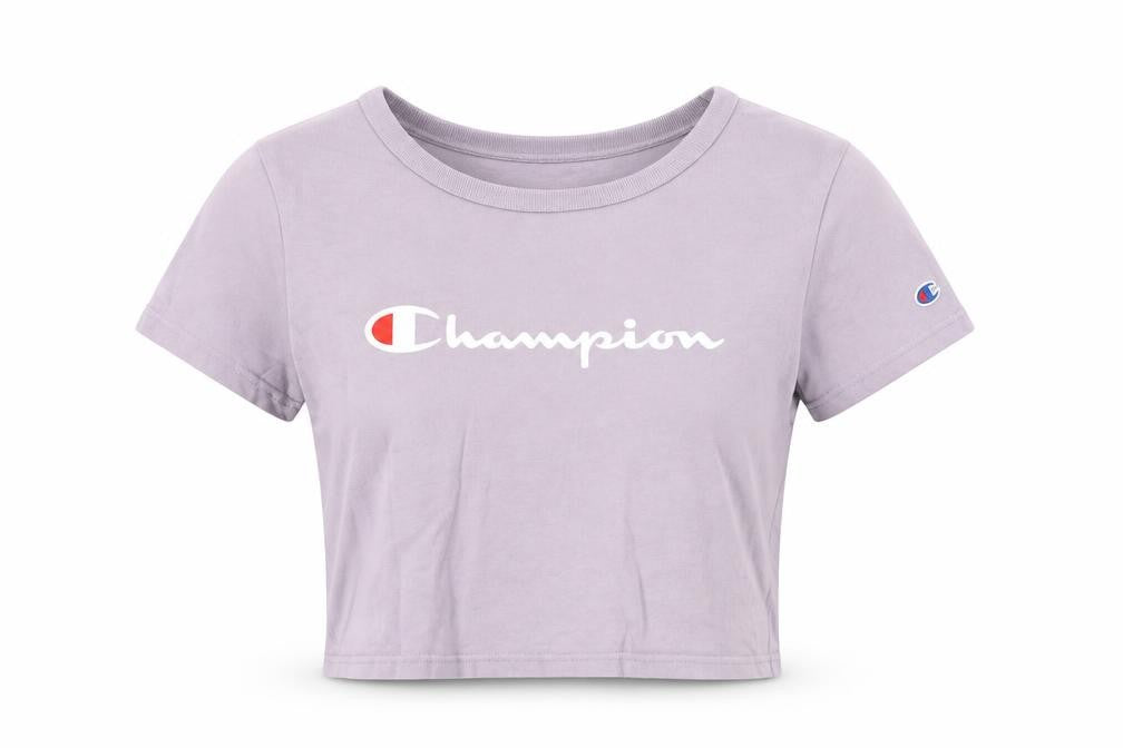 Front view of Champion women’s purple cropped t-shirt s