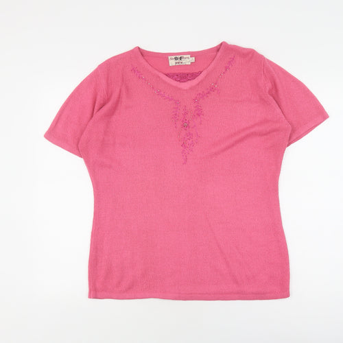 EWM Pink V-Neck Knit T-Shirt for Women, Size M