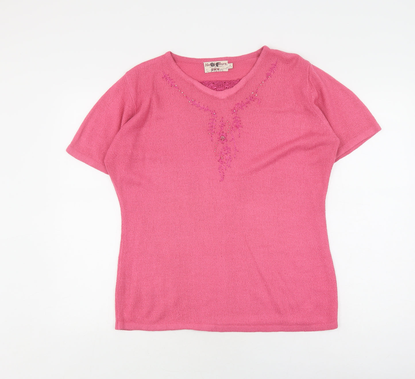 EWM Pink V-Neck Knit T-Shirt for Women, Size M