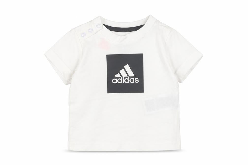 Front view of adidas unisex baby white t-shirt 0-3m basic logo
