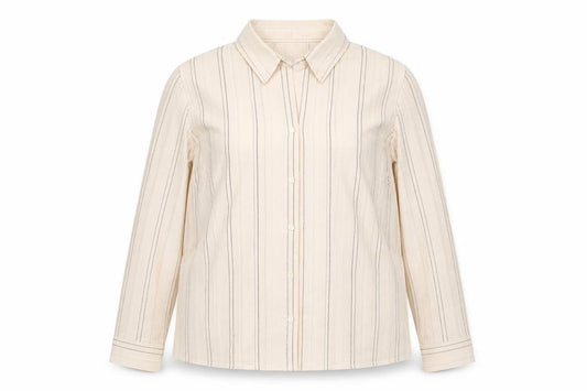 Front view of Debenhams Women's Beige Striped Button-Up Shirt, size 18