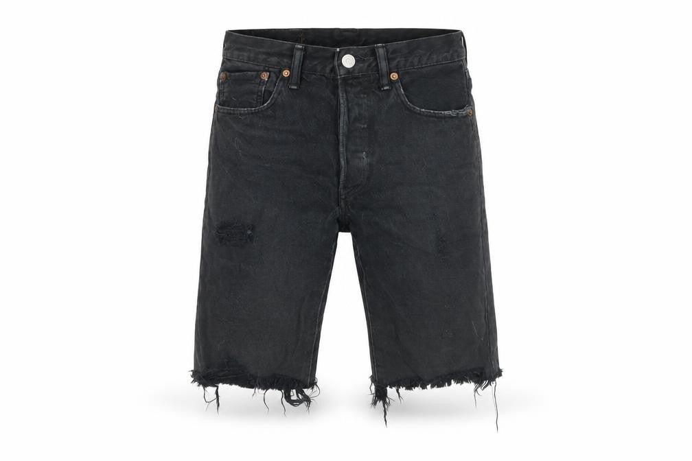 Front view of Levi's Men's Black Distressed Bermuda Denim Shorts, size 28