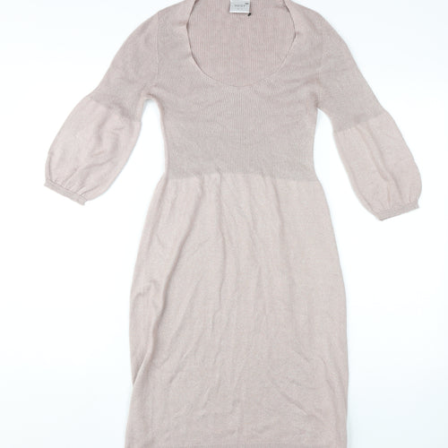 Next Beige A-Line Midi Dress, UK 8, 3/4 Balloon Sleeve