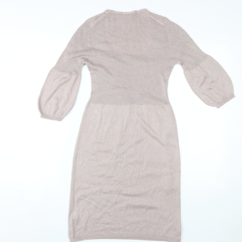 Next Beige A-Line Midi Dress, UK 8, 3/4 Balloon Sleeve