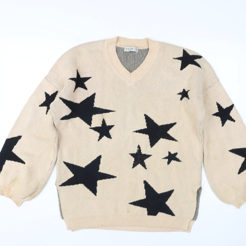PREM Women Beige Star Pattern Cotton Pullover Jumper UK 8