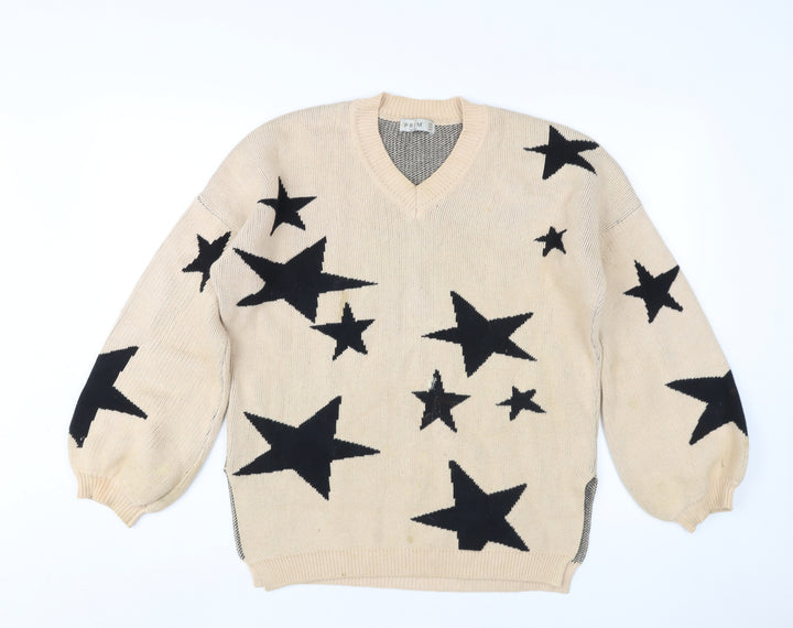 PREM Women Beige Star Pattern Cotton Pullover Jumper UK 8