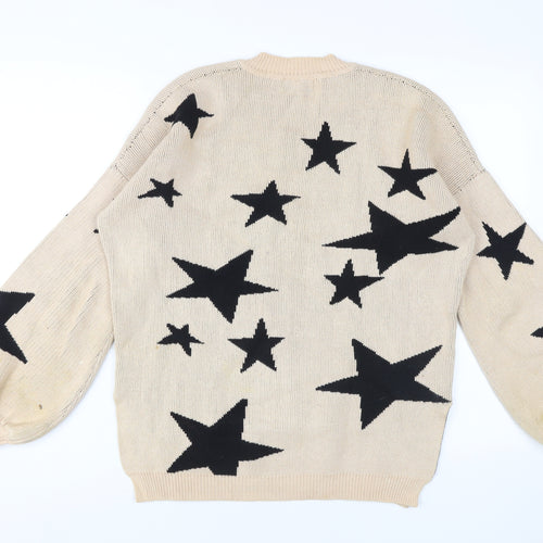 PREM Women Beige Star Pattern Cotton Pullover Jumper UK 8
