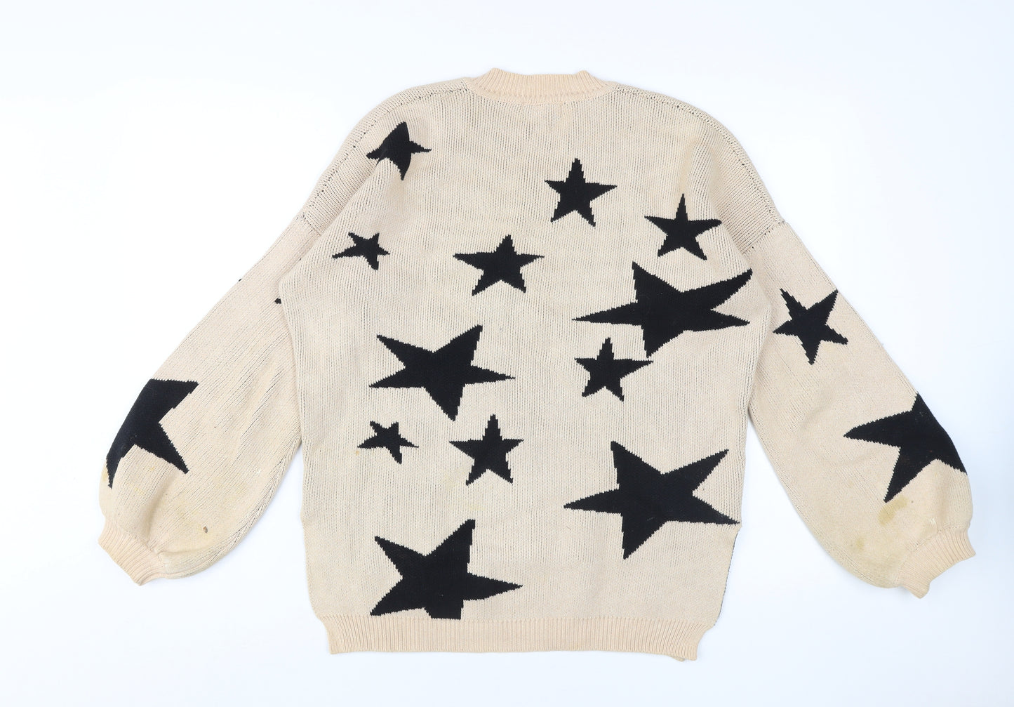 PREM Women Beige Star Pattern Cotton Pullover Jumper UK 8