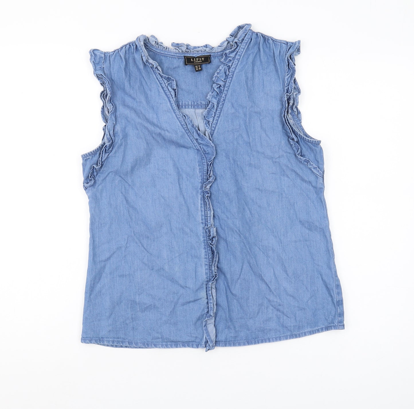 Lipsy Women's Blue Ruffle Sleeveless Blouse - Size 10