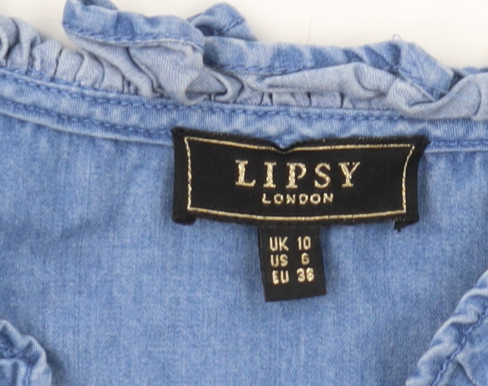 Lipsy Women's Blue Ruffle Sleeveless Blouse - Size 10