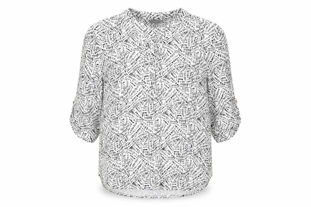 Front view of M&Co Women's Ivory Geometric 3/4 Sleeve Blouse, size 12