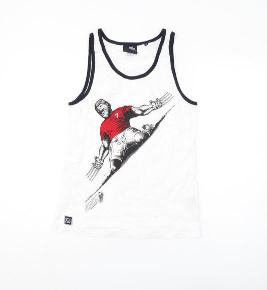 Front view of Chunk Clothing Men's White Sleeveless Graphic T-Shirt, size S