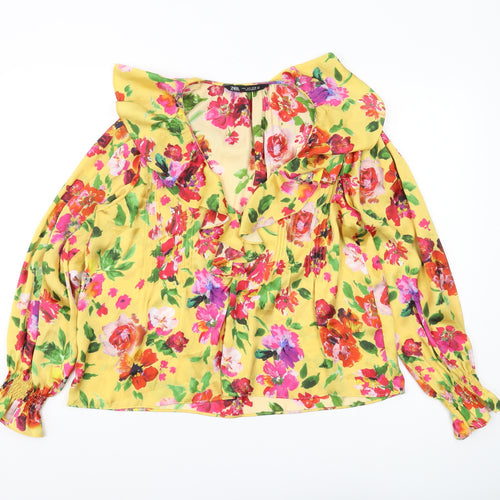 Zara Women's Yellow Floral Blouse Long Balloon Sleeve