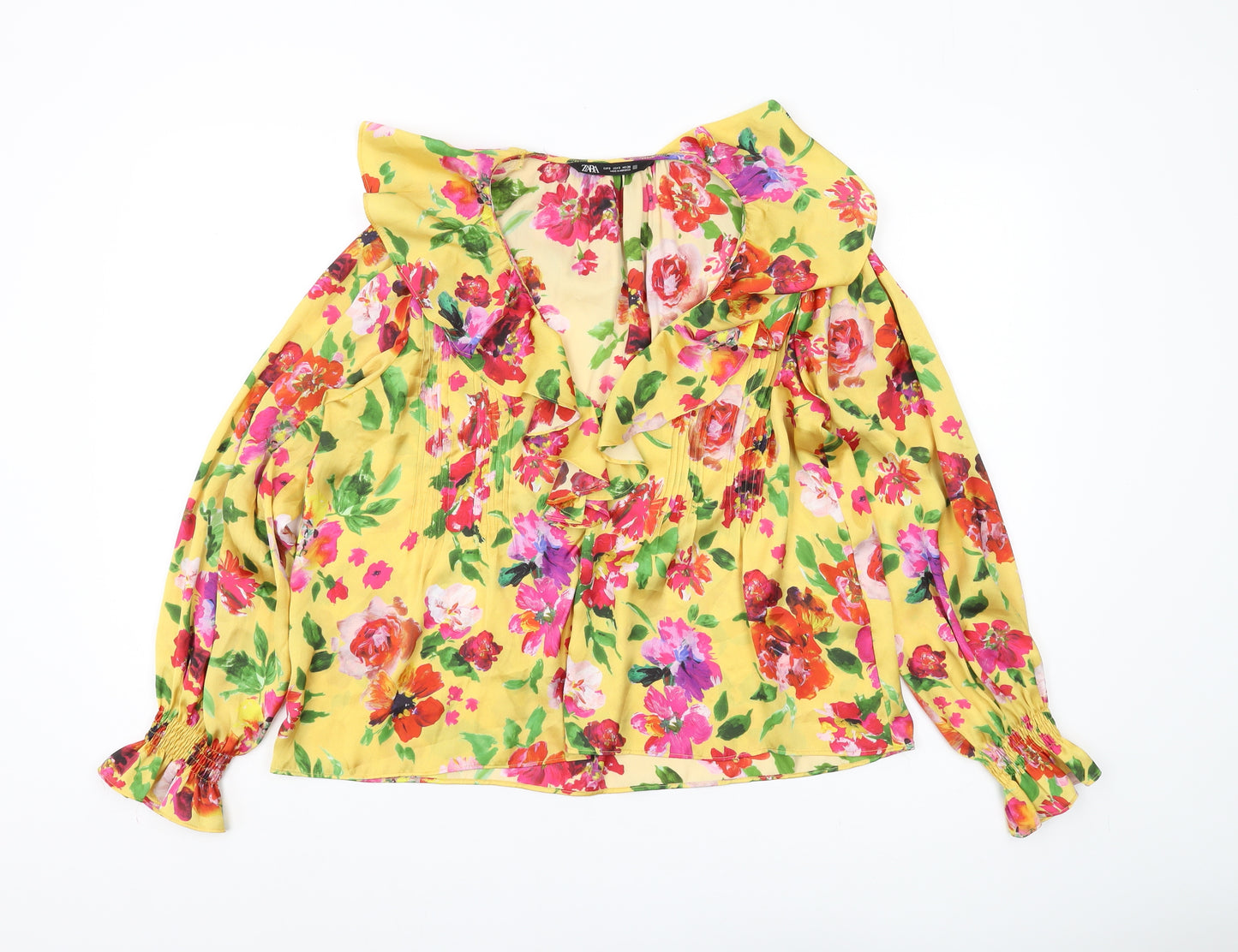 Zara Women's Yellow Floral Blouse Long Balloon Sleeve