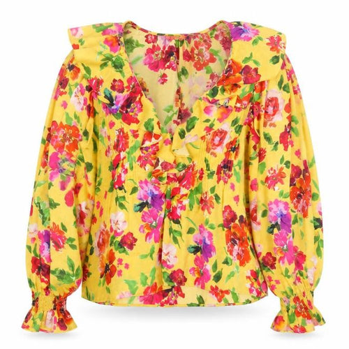 Zara Women's Yellow Floral Blouse Long Balloon Sleeve