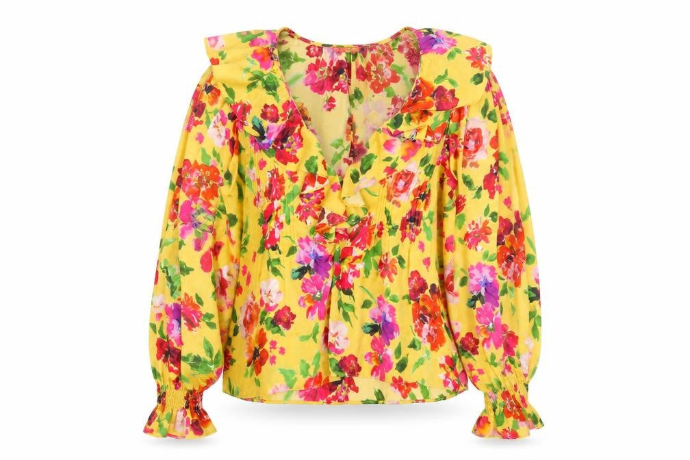 Zara Women's Yellow Floral Blouse Long Balloon Sleeve