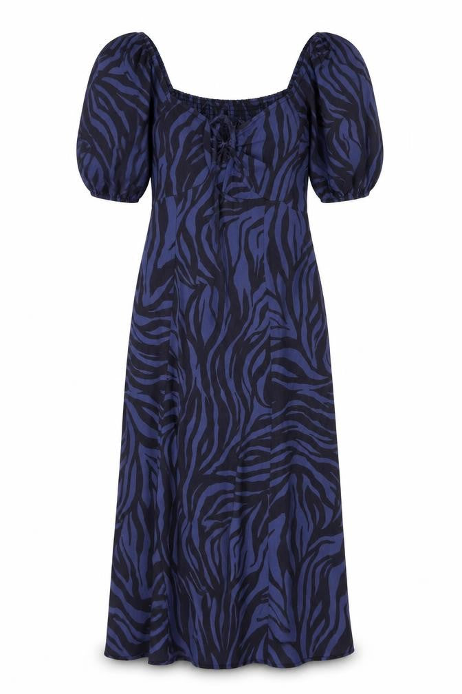 Front view of Great Plains Women's Blue Zebra Print Midi Dress
