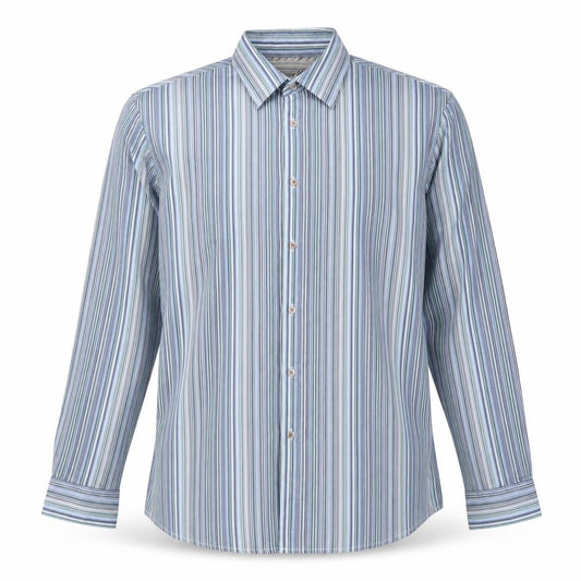 Front view of Thomas Nash Men's Blue Striped Button-Up Shirt Large