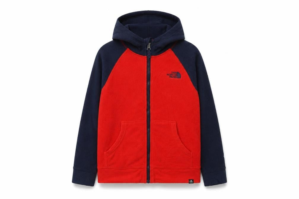Front view of The North Face boys’ red blue fleece hooded jacket m