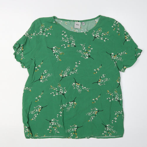 ICHI Women's Green Floral T-Shirt M with Crew Neck