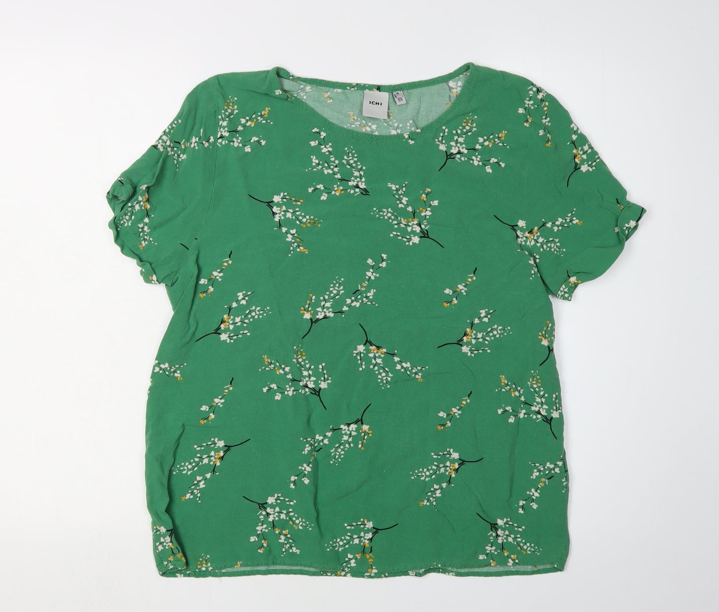 ICHI Women's Green Floral T-Shirt M with Crew Neck