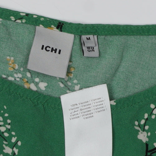 ICHI Women's Green Floral T-Shirt M with Crew Neck
