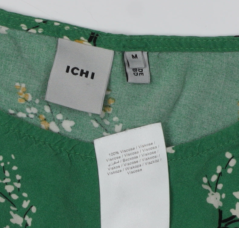 ICHI Women's Green Floral T-Shirt M with Crew Neck