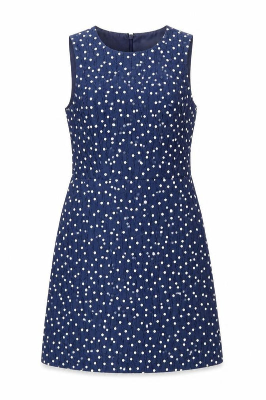 Front view of Warehouse Women's Polka Dot A-Line Dress Blue, size 12