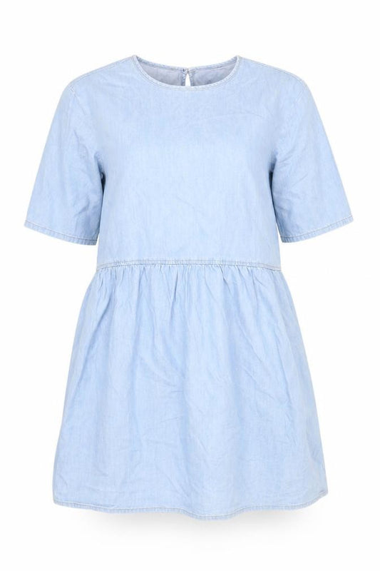 Front view of H&M Women's Blue Short Shift Dress S Rounded Neck