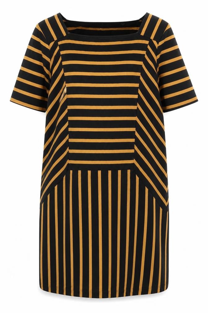 Front view of Next Women's Black & Tan Striped Shift Dress, size 12