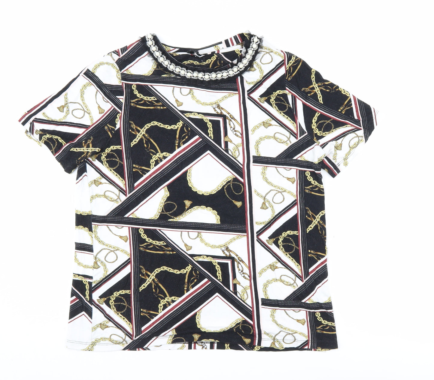 River Island Women's Black Geometric Beaded T-Shirt, Size 12
