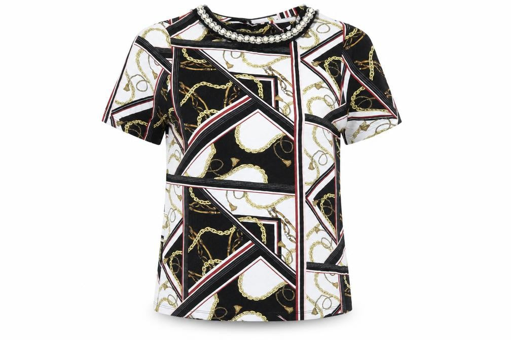 Front view of River Island Women's Black Geometric Beaded T-Shirt, size 12