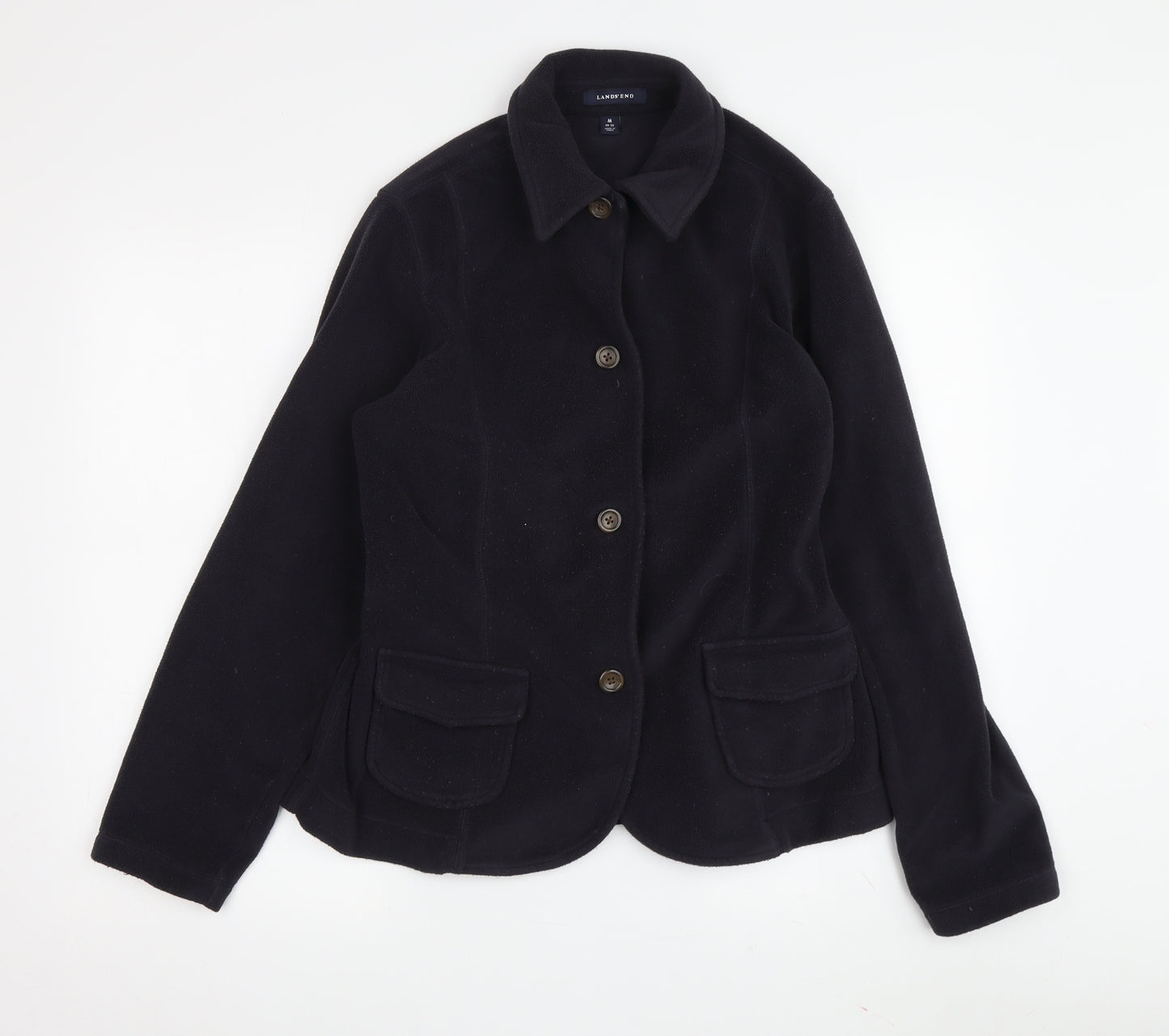 Lands' End Women's Black Fleece Jacket M, Collared Casual