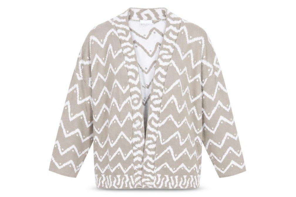 Front view of Alexon Women's Beige Cardigan, size L, Geometric Pattern