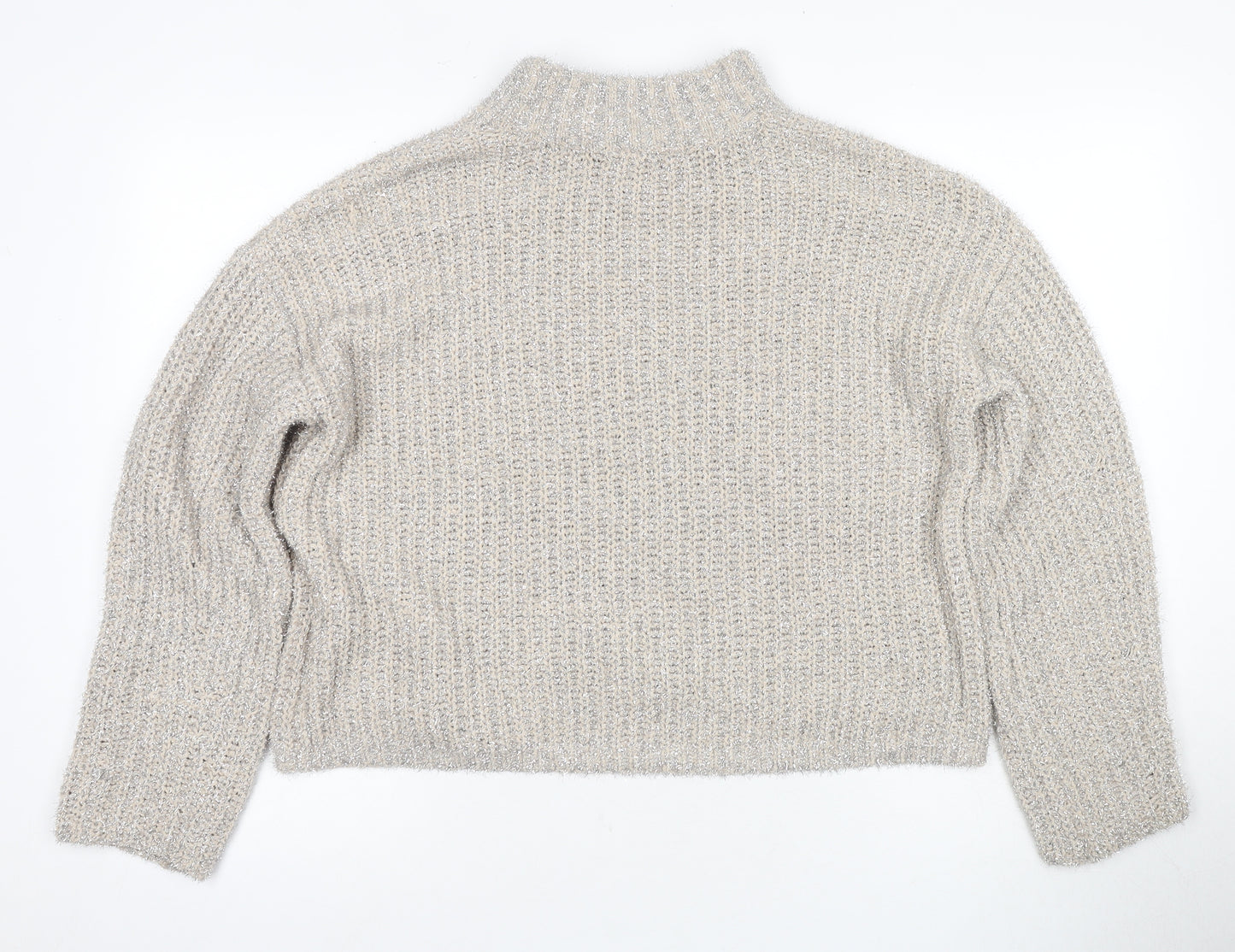 Pieces Women's Grey High Neck Chunky Knit Pullover L