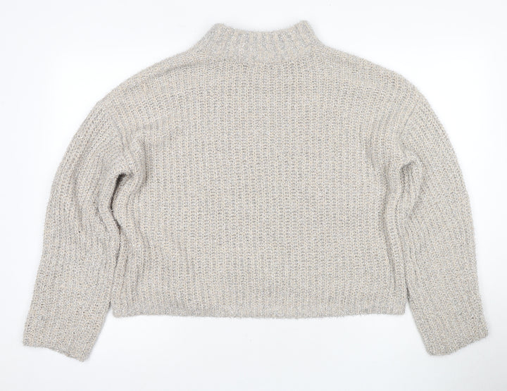 Pieces Women's Grey High Neck Chunky Knit Pullover L